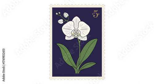 A vintage postage stamp features a detailed illustration of a white orchid flower with green leaves against a dark blue background.