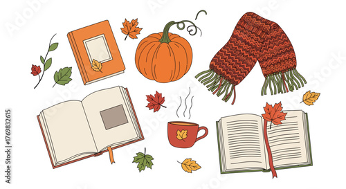 A charming hand-drawn illustration of cozy autumn essentials including books, a pumpkin, a warm scarf, and a steaming mug.