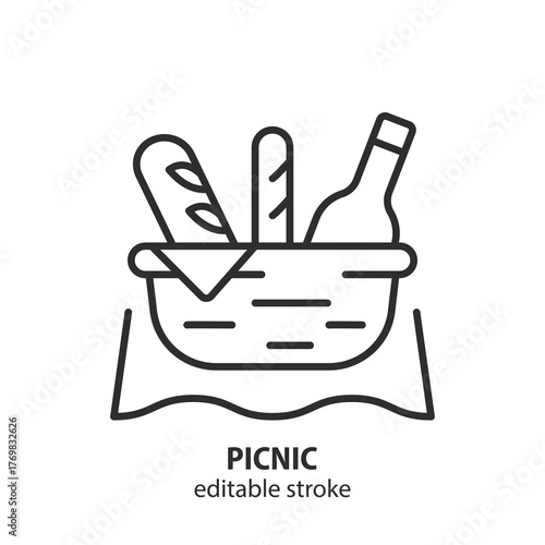 Picnic basket with bottle of wine, baguette line icon. Editable stroke. Vector sign.