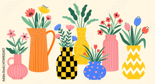 A vibrant collection of assorted vases filled with colorful blooming flowers and green leaves, set against a plain background.