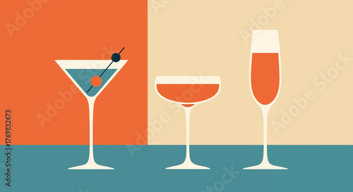 Three stylized cocktail glasses with colorful drinks against a muted background.