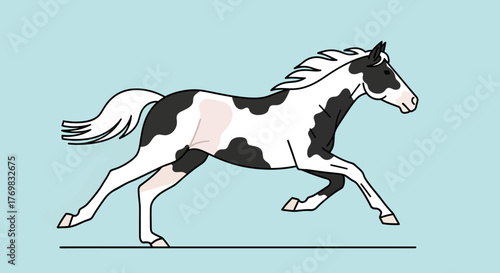 A running horse with a black and white coat, captured in a side profile against a light blue background.