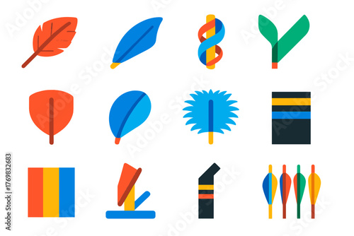 Colorful Arrow Fletching Icons. Flat vector icons of arrow fletching: feather fletching, plastic vanes, spiral fletching, offset