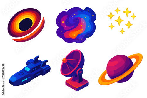 Galactic Voyage Icons. Isometric vector illustration set Galactic Voyage: black hole ring, glowing nebula swirl, small star