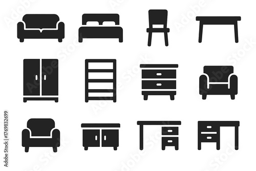 Solid Furniture Icons. Solid style icons of household furniture: sofa, bed, chair, table, wardrobe, bookshelf, dresser, nightstand