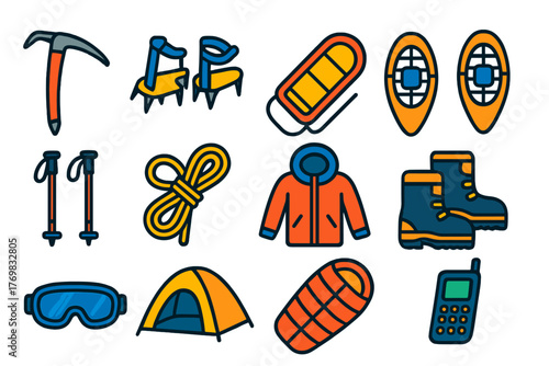 Expedition Gear Icons. Flat vector icons of expedition gear: ice axe, crampons, sled, snowshoes, ski poles, mountaineering rope,