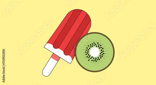 A red popsicle and a sliced kiwi fruit on a light yellow background in a flat illustration style.