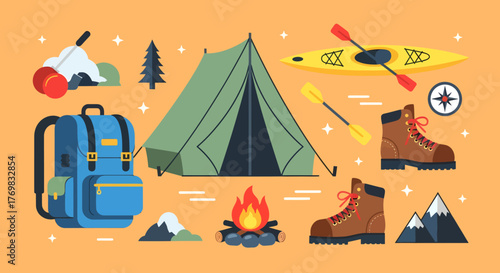 Camping equipment illustration: tent, backpack, boots, kayak, campfire, compass, and other outdoor essentials.