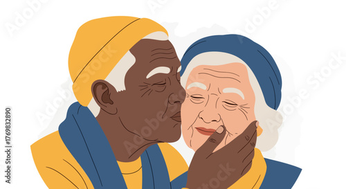 An elderly couple shares a tender moment, with the man kissing the woman's cheek.