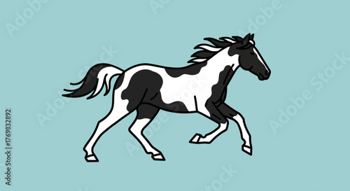 Illustration of a black and white horse running on a light blue background.