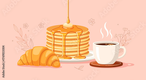 A delicious breakfast spread featuring a stack of pancakes with butter and syrup, a croissant, and a steaming cup of coffee.