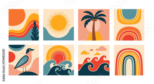 A collection of eight abstract, minimalist illustrations featuring natural elements like sun, waves, palm trees, seagulls, and rainbows in a vibrant, boho-inspired color palette.