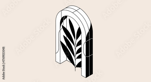 An abstract isometric illustration of a stylized archway with a plant motif.