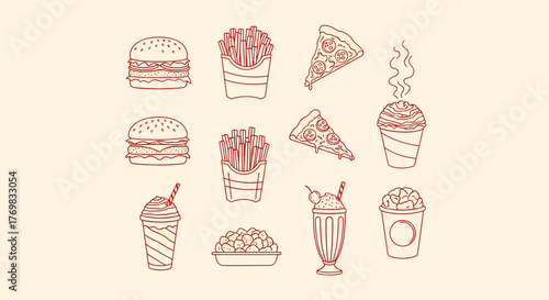A collection of minimalist line art illustrations showcasing various popular fast food items and beverages, including burgers, fries, pizza, and drinks.