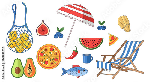 A vibrant illustration showcasing summer essentials, including food, beach accessories, and refreshing items.