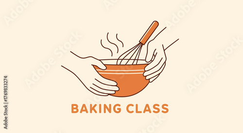 Illustration depicts hands holding a bowl with a whisk, steam rising, and the words "Baking Class".