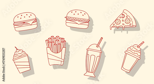 A collection of red line art fast food icons including burgers, pizza, fries, and milkshakes on a cream background.
