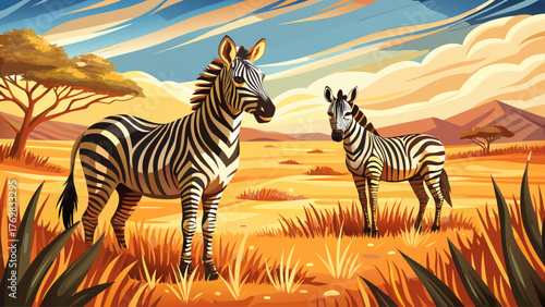 Vector of male and female zebras standing together on dry African plain, soft sunlight, golden grass, calm wild nature, realistic details and harmony