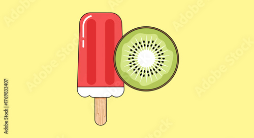 A vibrant illustration of a red popsicle next to a sliced kiwi fruit on a plain yellow background.