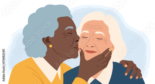 Two elderly women sharing a tender moment, one kissing the other's cheek with affection and care.