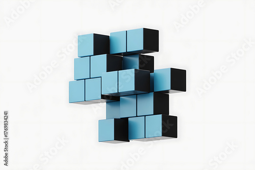 Geometric arrangement of blue and black cubes creates an abstract, three-dimensional form.