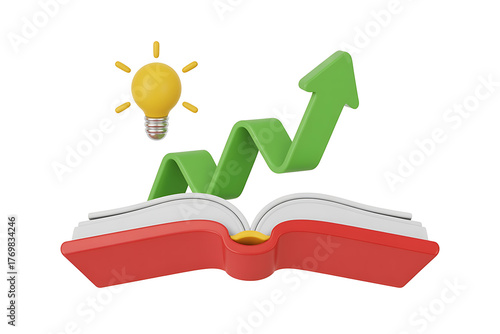 An open book, a bright lightbulb, and a rising green arrow symbolize knowledge and growth.