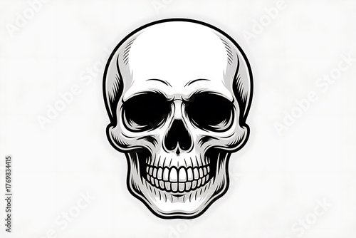 Detailed monochrome skull illustration, stark contrast, conveying mortality and a sense of the macabre.