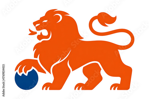 Orange lion emblem with a blue sphere, representing strength, pride, and national identity.