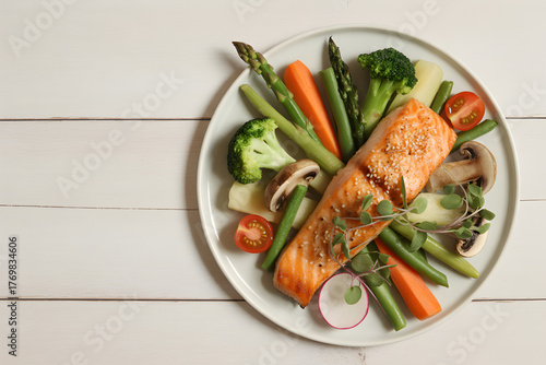 Grilled salmon with fresh vegetables on white plate and wooden table