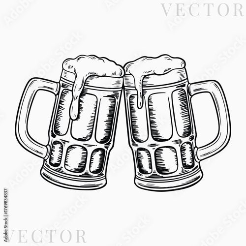 Black and white beer mugs clinking line art with frothy tops vector design