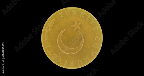Obverse of Turkey coin 5 kurus 1969, isolated in black background. Loopable animation in 4k resolution video