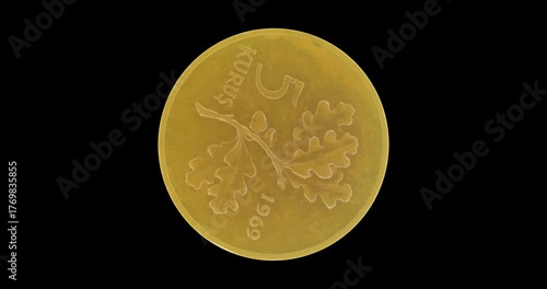 Reverse of Turkey coin 5 kurus 1969, isolated in black background. Loopable animation in 4k resolution video