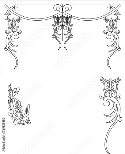 Set of ornate corner and border elements in a Baroque or Rococo style, featuring elaborate scrolls, stylized acanthus leaves, and a separate rose flower motif.