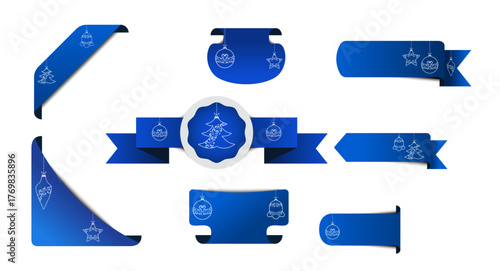 Abstract blue christmas ribbon set with vintage baubles, snowflakes vector. 3d price tag vector set to use for christmas sale, web offer, badge, price tag, christmas card, holiday offer. 