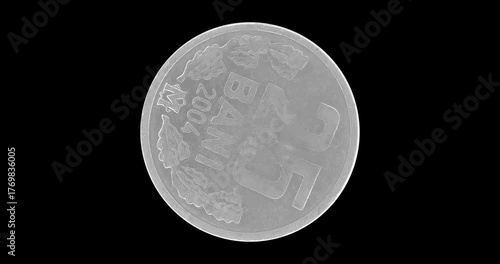 Reverse of Moldova coin 25 bani 2004, isolated in black background. Loopable animation in 4k resolution video