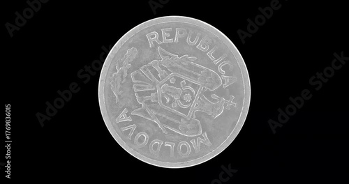 Obverse of Moldova coin 25 bani 2004, isolated in black background. Loopable animation in 4k resolution video