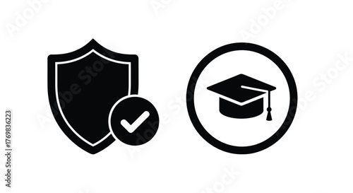 Security and education symbols shield with check and graduation cap icon
