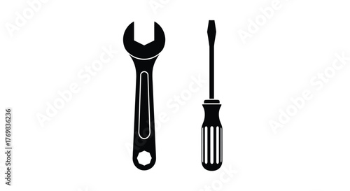 Simple black and white illustration of a wrench and a flathead screwdriver