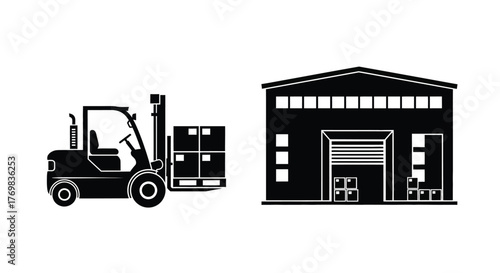 Forklift lifting pallets in front of a warehouse building silhouette