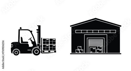 Forklift lifting pallets near a warehouse building in a simple style
