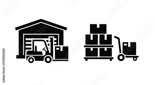 Warehouse logistics icons depicting forklift pallet stacks and hand truck