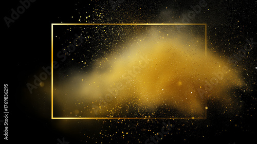 black friday sale banner with golden glitter explosion, black background, bright sparkling gold particles, modern luxury design, elegant festive composition, minimal rectangular fr