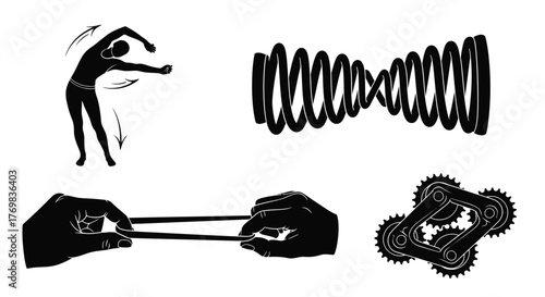 Illustration depicting exercise elasticity and mechanical systems with black silhouettes