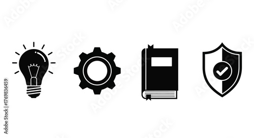 Four black icons representing ideas process knowledge and security concepts