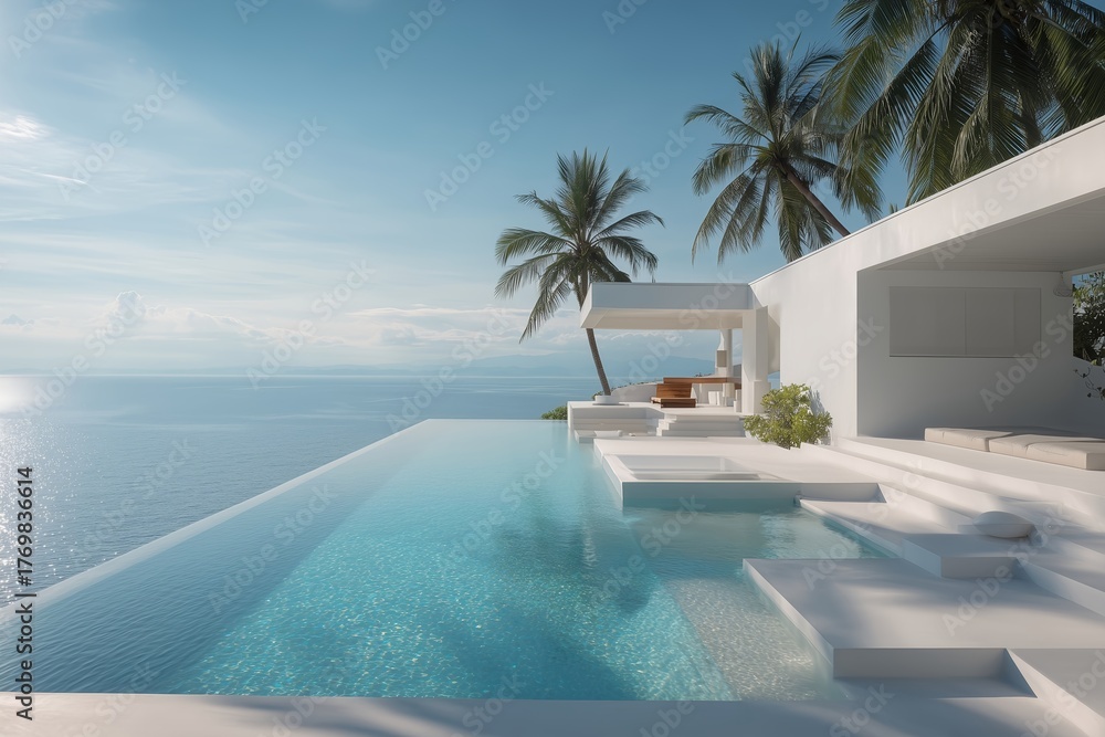 Fototapeta premium Luxury tropical infinity pool villa overlooking calm ocean horizon view