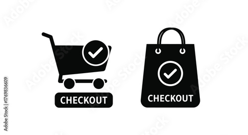 Shopping cart and bag icons with checkmarks signify successful checkout