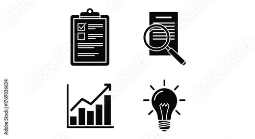 Reviewing data analysis business growth and innovative ideas icons set