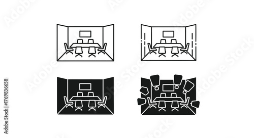 Black and white illustrations of a conference table with seating arrangements
