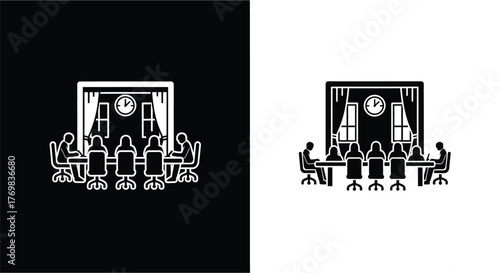 A boardroom meeting illustration presented in black and white variations