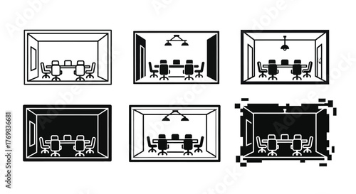 Minimalist monochrome icons representing various conference room layouts and perspectives
